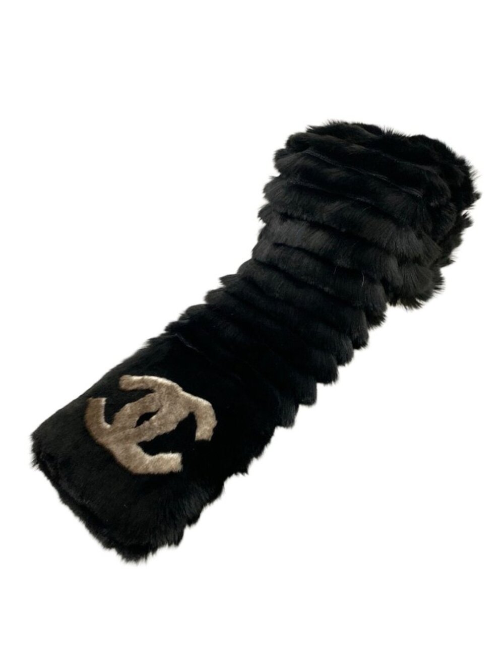 Chanel Scarf Black Gray CC Logo Cashmere Fur Rabbit